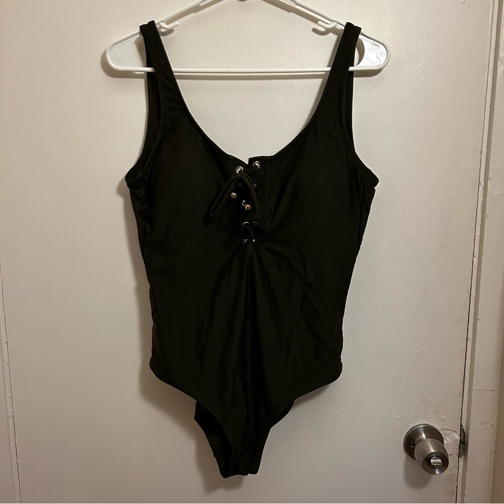 Green Lace-Up One-Piece Swimsuit with Open Back